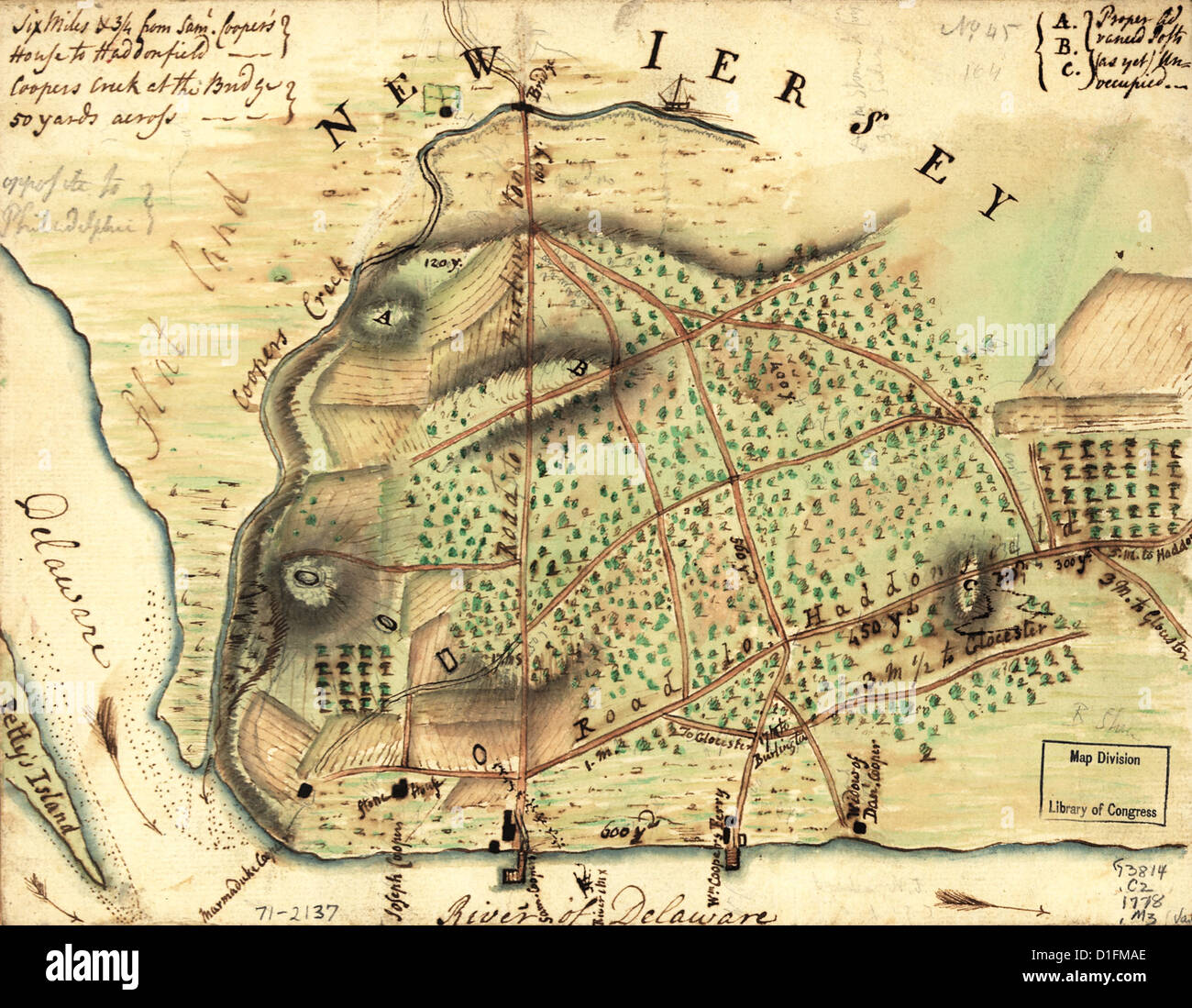 Karte von New Jersey aus dem Philip Lee Phillips' A Liste der Karten von Amerika. 1778 Stockfoto