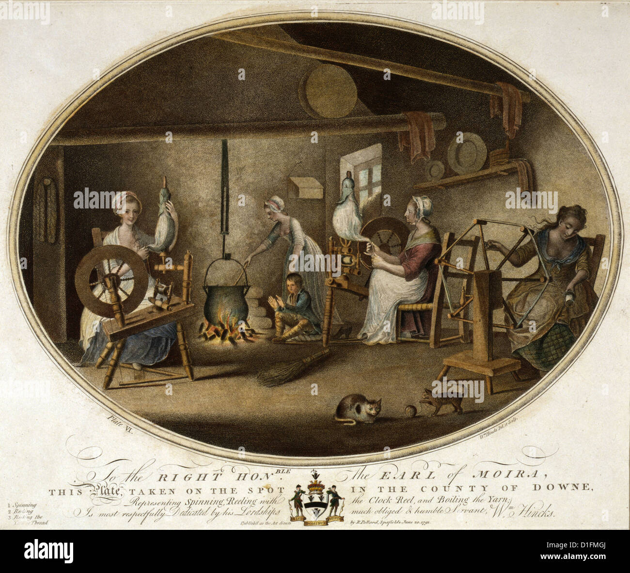 Spinnen und Kochen Garn. 1791 Stockfoto