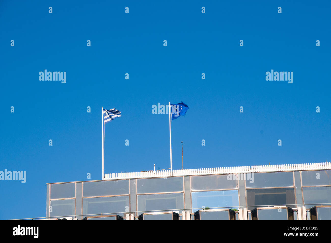 Griechische und europäische Union Flaggen, Athen, Griechenland Stockfoto