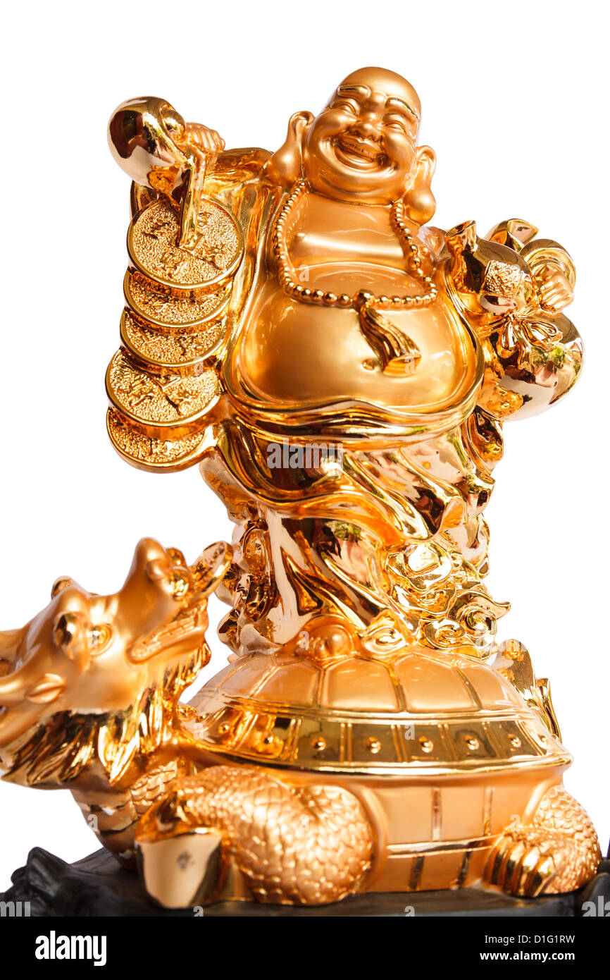 Lächelnder Buddha - chinesische Gott Glück, Reichtum und Glück isoliert auf weißem Hintergrund Stockfoto