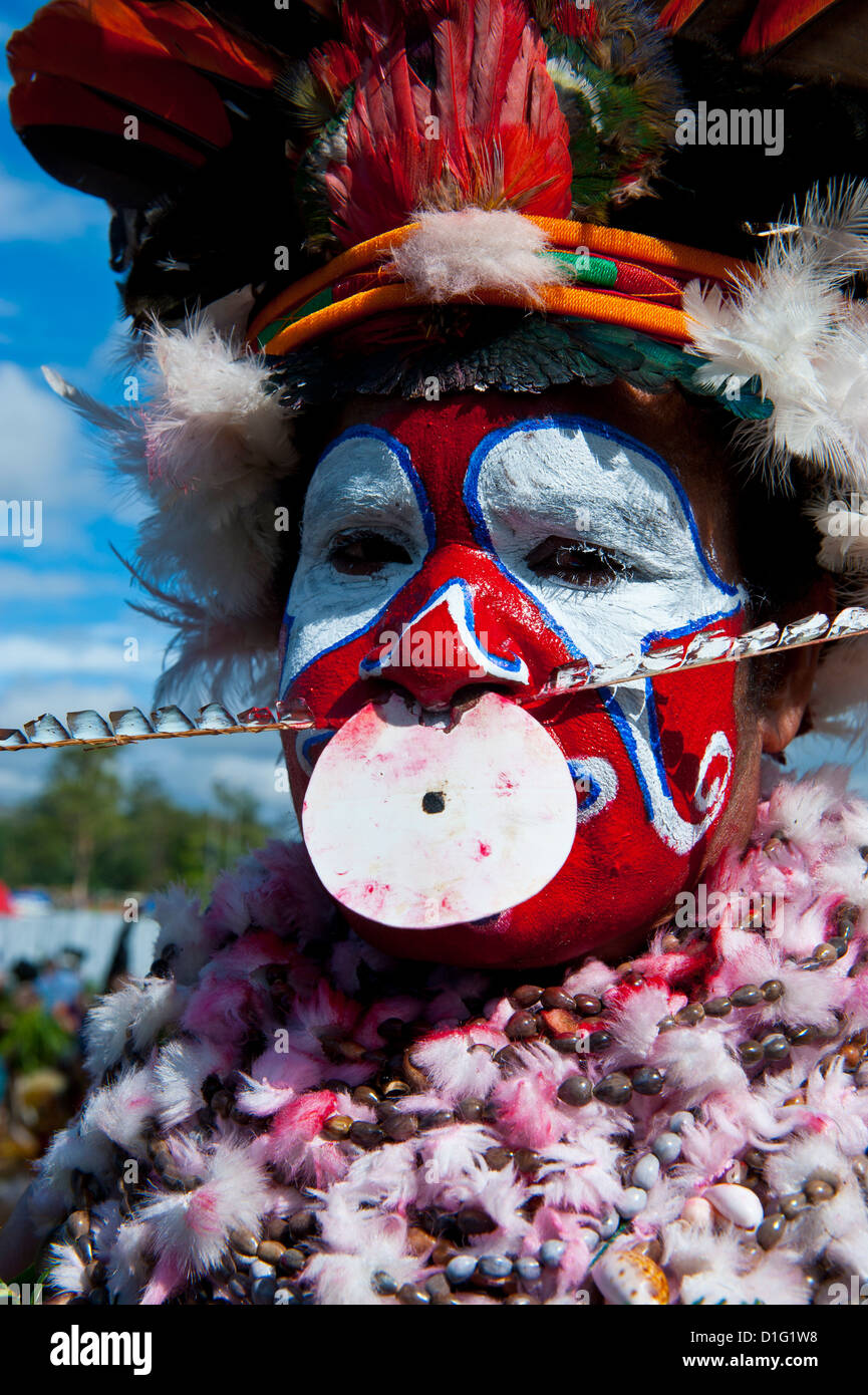 Bunt gekleidet und Gesicht gemalt Stämme feiert die traditionelle Sing Sing in den Highlands, Papua-Neu-Guinea, Melanesien Stockfoto