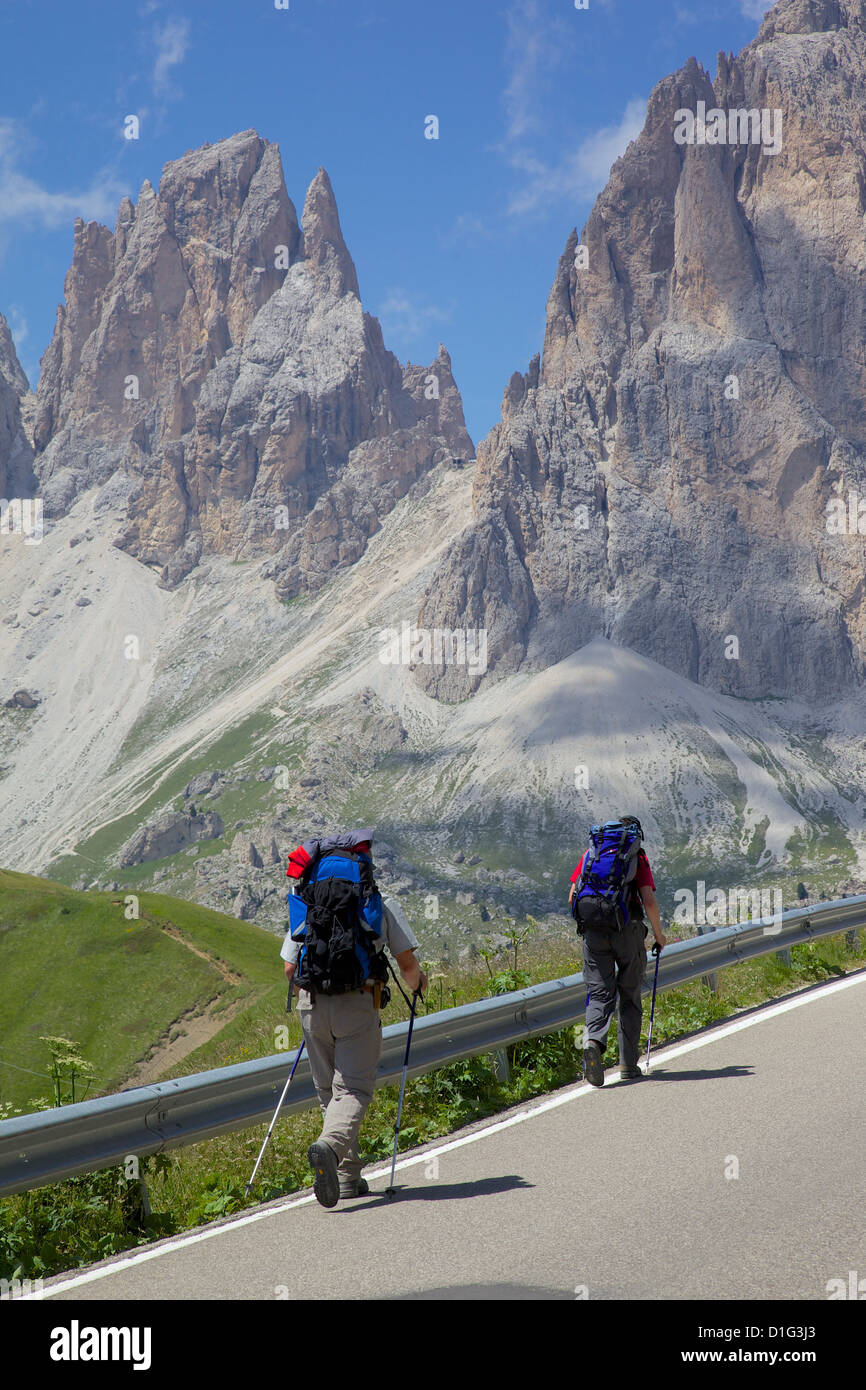 Wanderer und Langkofel Gruppe, Sellajoch, Trient und Bozen Provinzen, Dolomiten, Italien, Europa Stockfoto