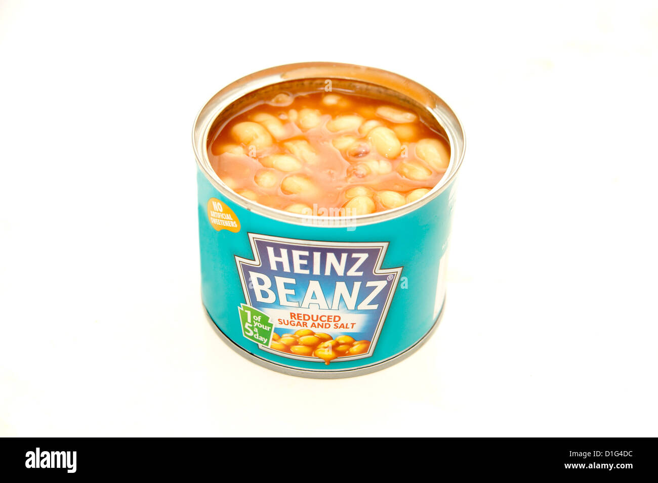 Eine geöffnete Dose Heinz Beanz gebackene Bohnen mit zuckerreduziert & Salz Stockfoto