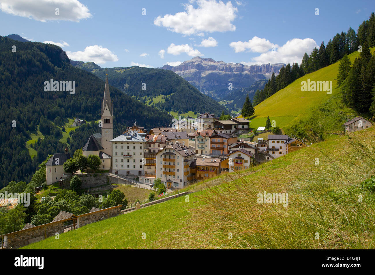 Blick auf Dorf und Kirche, La Plie Pieve, Provinz Belluno, Dolomiten, Italien, Europa Stockfoto