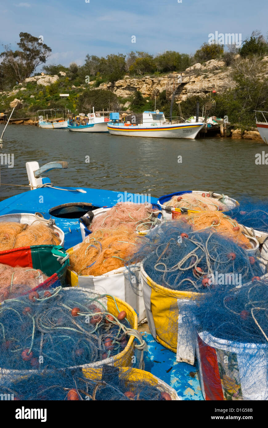 Angeln, Boote und Netze, Potamos Tou Liopetri, Zypern, Mittelmeer, Europa Stockfoto