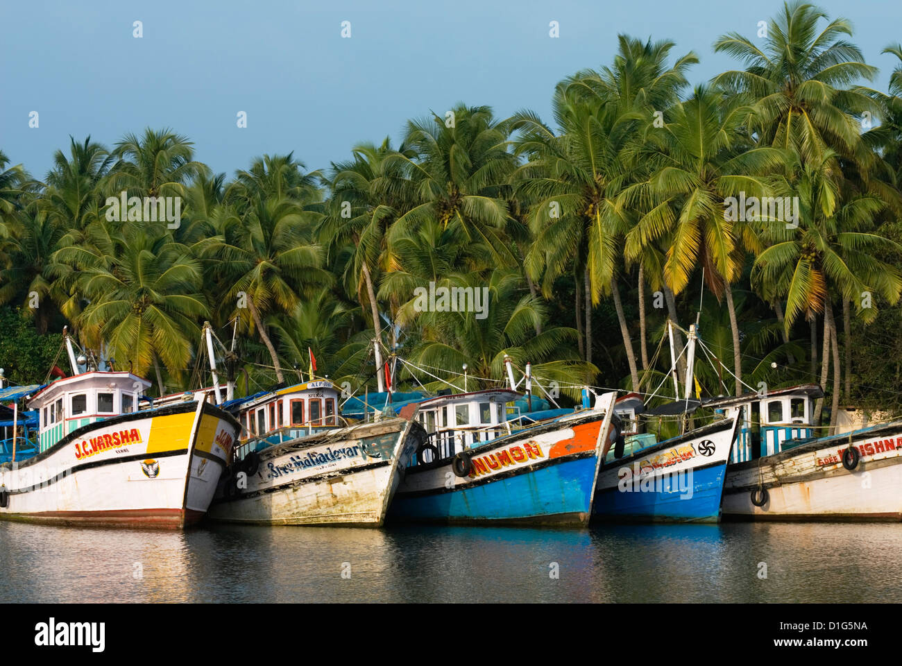 Angelboote/Fischerboote entlang den "Backwaters", in der Nähe von Alappuzha (Alleppey), Kerala, Indien, Asien Stockfoto