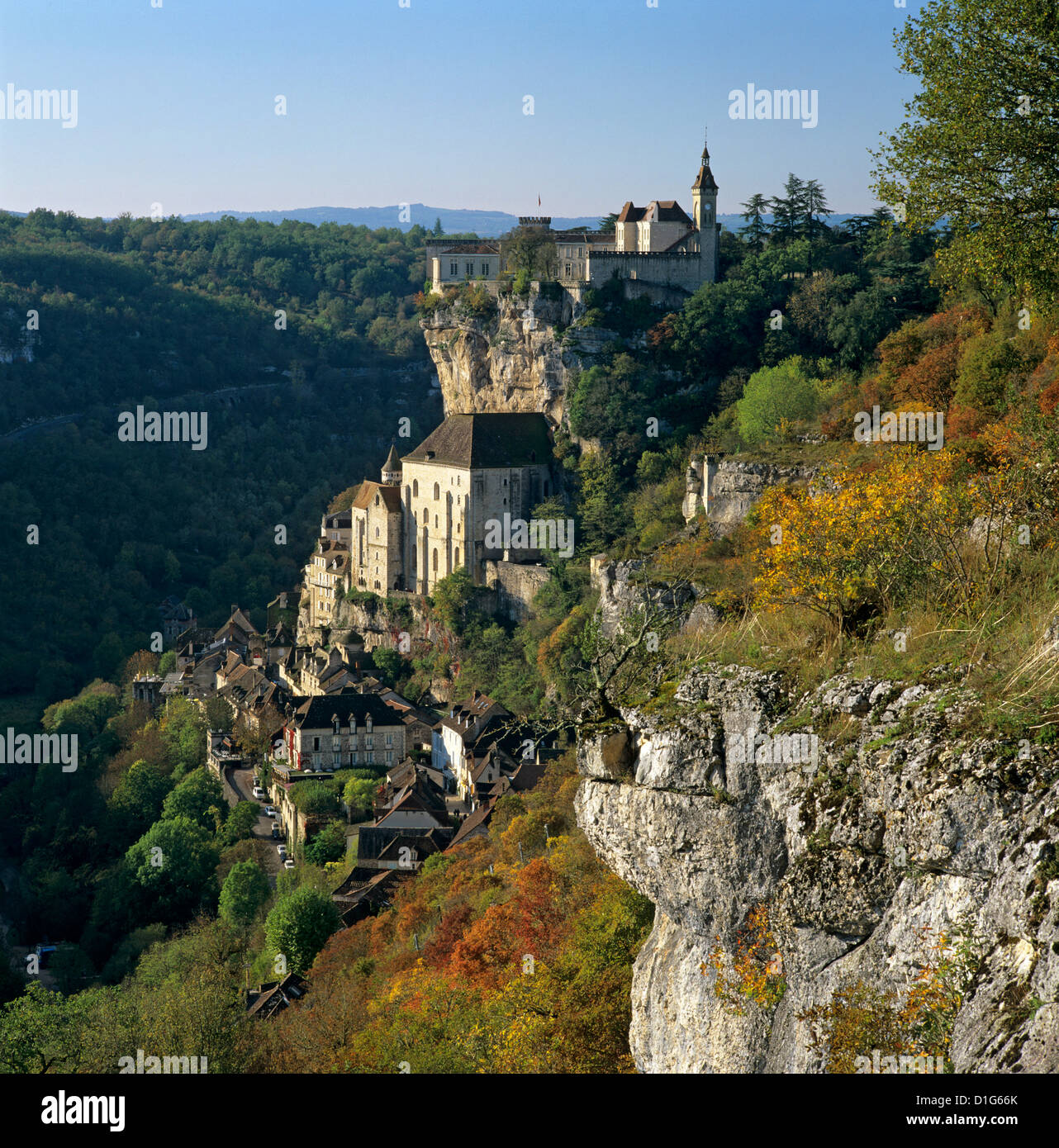 Herbstliche Ansicht, Rocamadour, Menge, Midi-Pyrénées, Frankreich, Europa Stockfoto