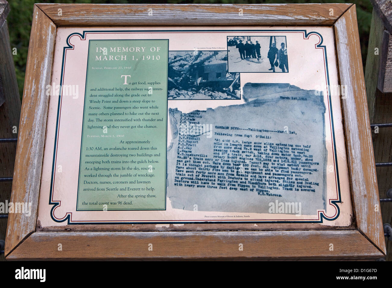 Original Gitterwindkanal in Wellington, Zeichen, Geschichte, Washington, Website der 1910-Lawine Stockfoto