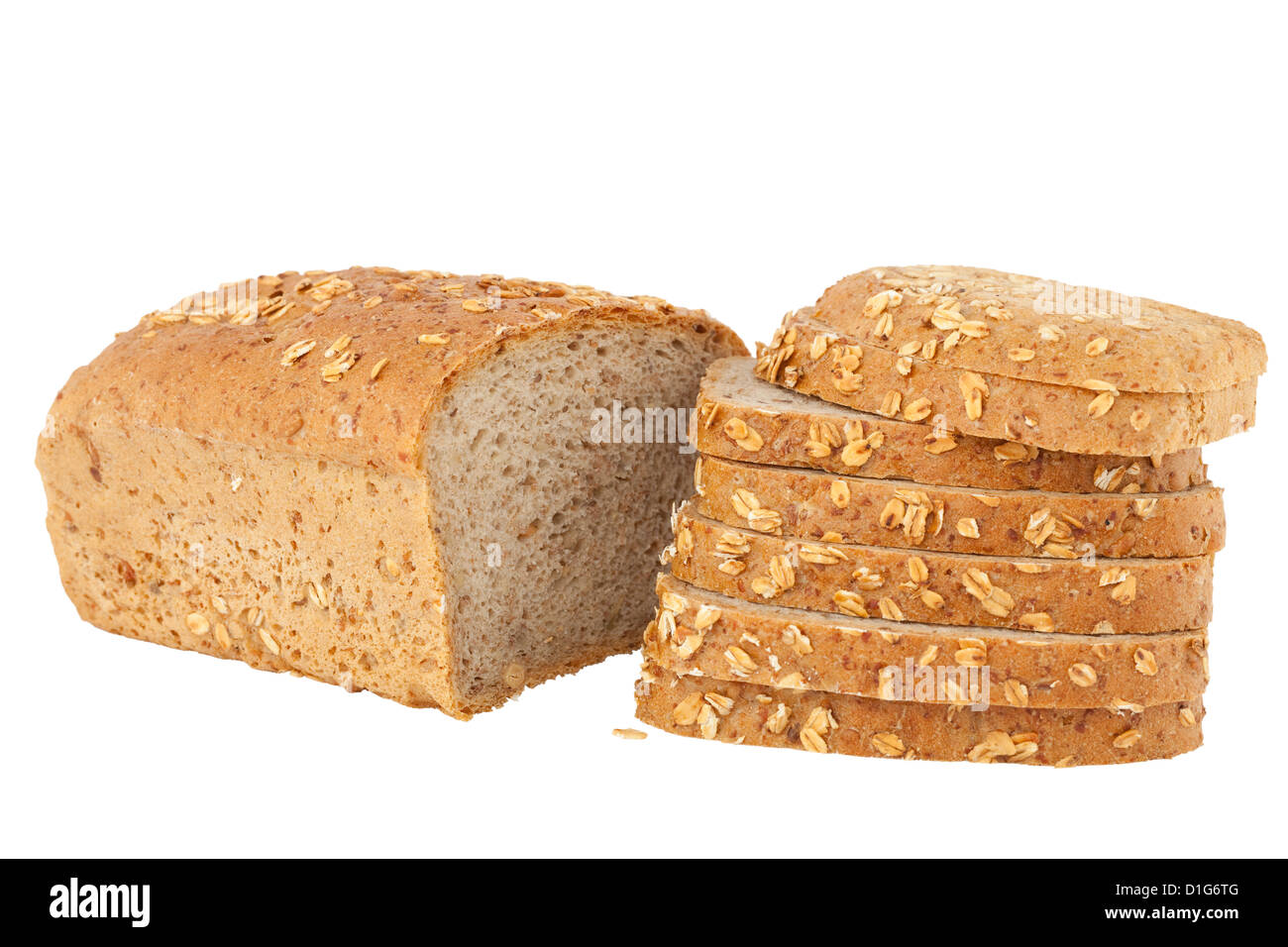 Vollkornbrot und Brotscheibe auf weißem Hintergrund Stockfoto