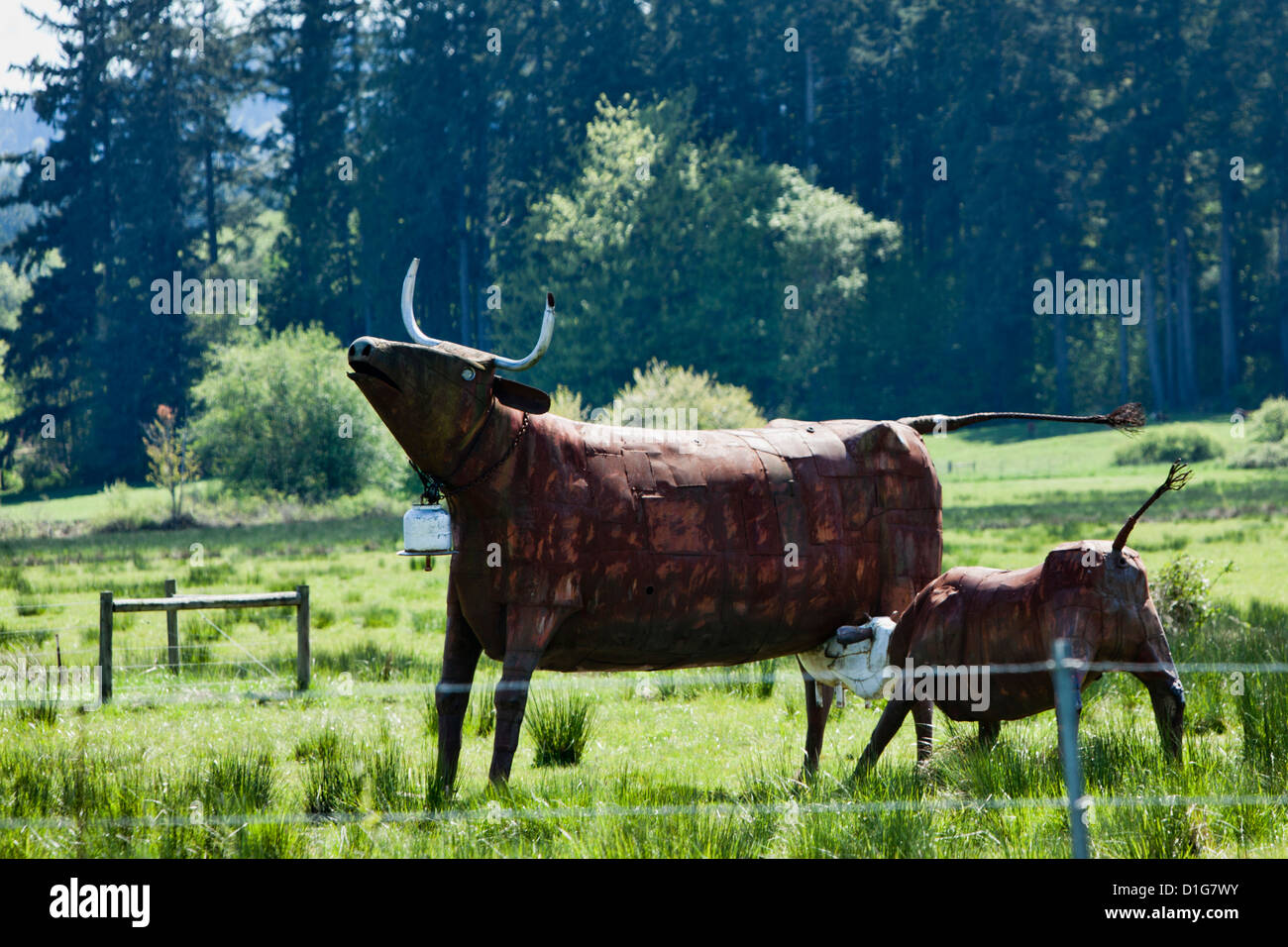 Kuh und Stier Metallskulpturen außerhalb von Olympia, Washington Stockfoto