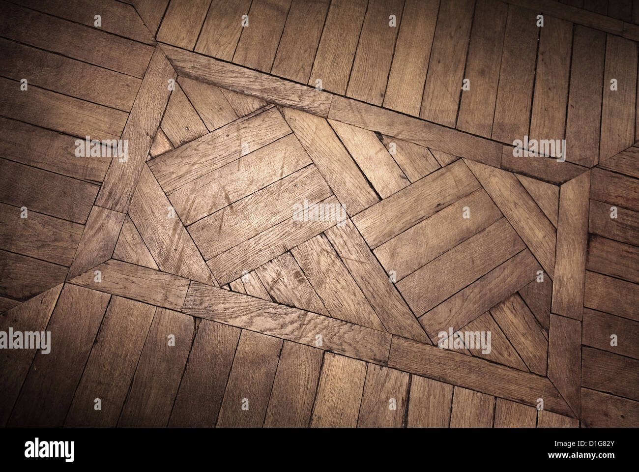 Alte Eiche Parkett Fragment mit Dekorationelement Stockfoto