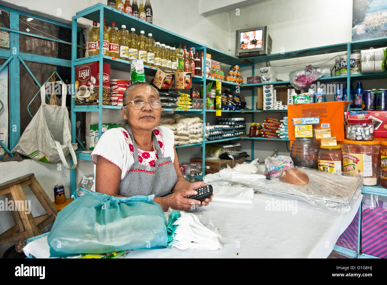 mittlere gealterte Frau Inhaber am Schalter ihrer übersichtlichen makellos Bodega Ecke Lebensmittelgeschäft Oaxaca de Juárez, Mexiko Stockfoto