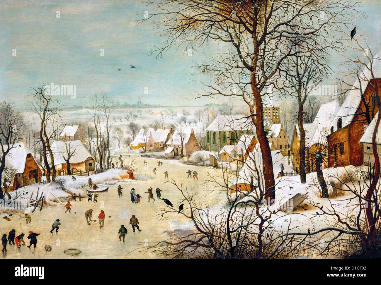 Pieter Brueghel der jüngere - Winterlandschaft mit Skatern und eine Vogel-Falle. Gemälde von einer holländischen Winterlandschaft. Stockfoto