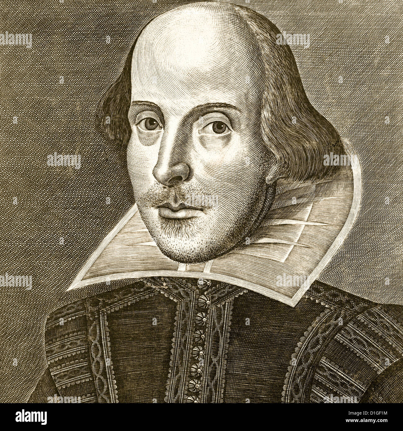 Shakespeare. William Shakespeare Porträt Kupferstich von Martin Droeshout als das Frontispiz des ersten Folio der gesammelten Werke im Jahre 1623 Stockfoto