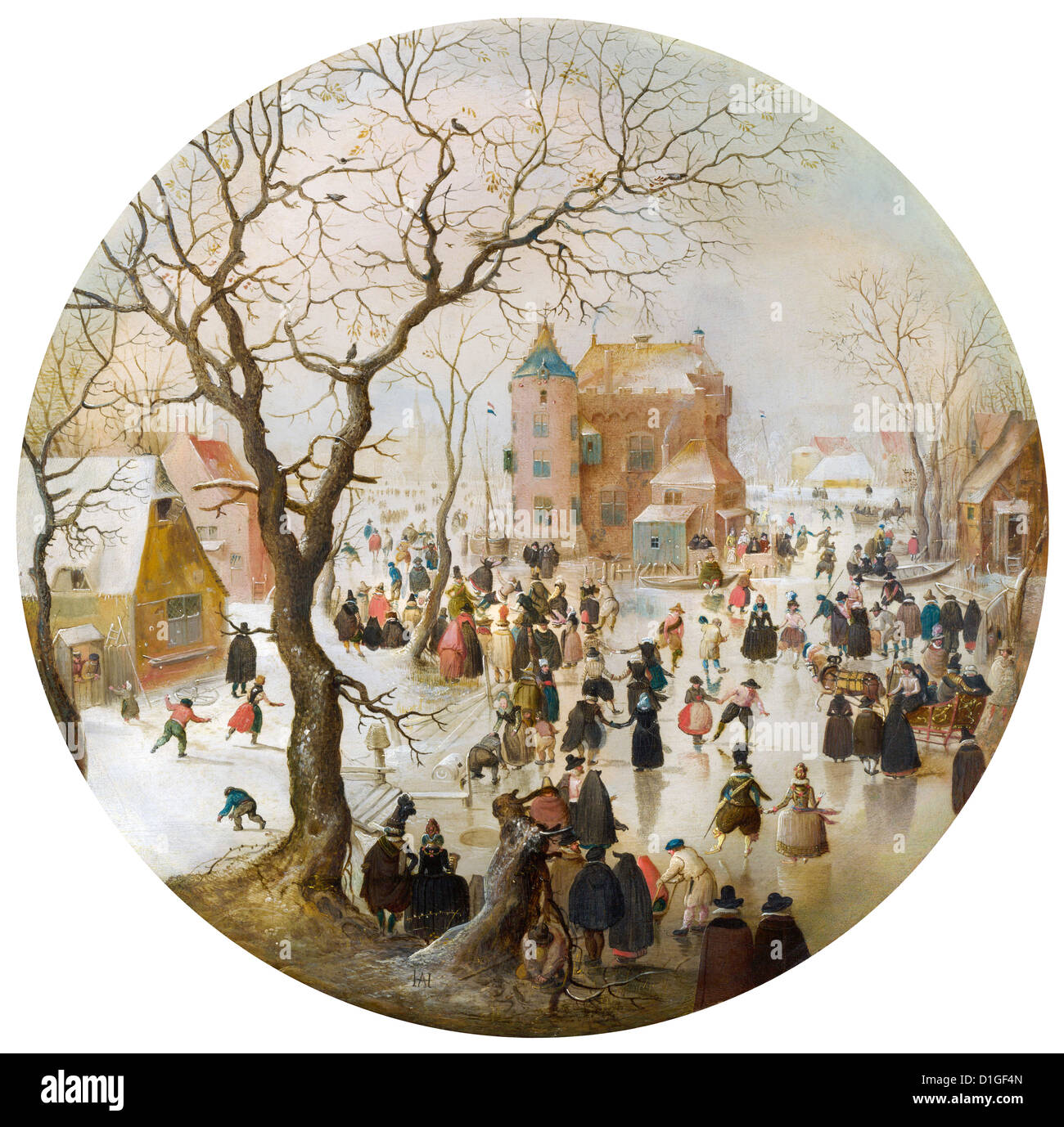 Hendrick Avercamp - A Winter-Szene mit Skatern in der Nähe einer Burg. Gemälde einer niederländischen Szene während der kleinen Eiszeit. Stockfoto