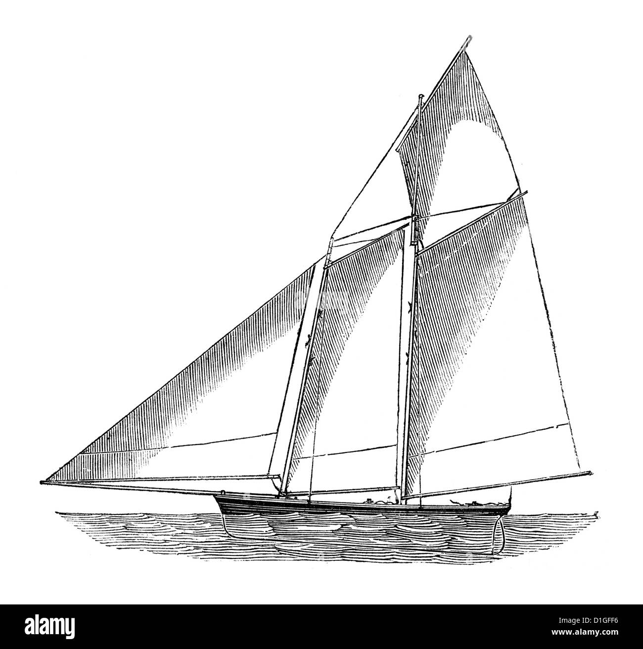 Antike Holzschnitt Bild ca. 1872 feine Strichzeichnung Vintage Kunstwerk zwei Mast-Schoner Segelboot Stockfoto