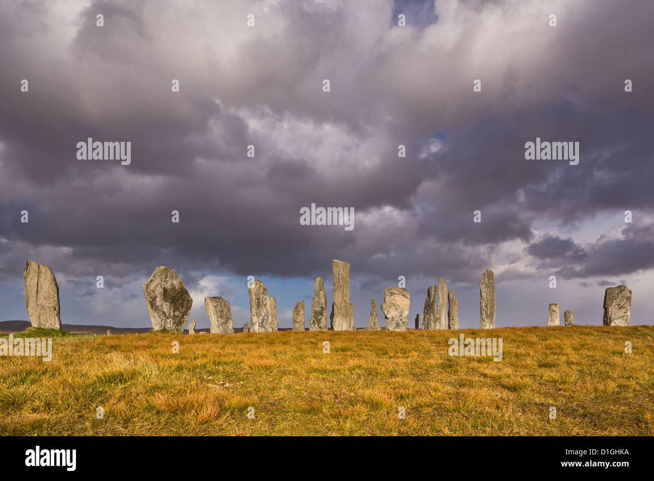 Regnerisch Wetter bei Callanish Stone Circle, Isle of Lewis, äußeren Hebriden, Schottland, Vereinigtes Königreich, Europa Stockfoto