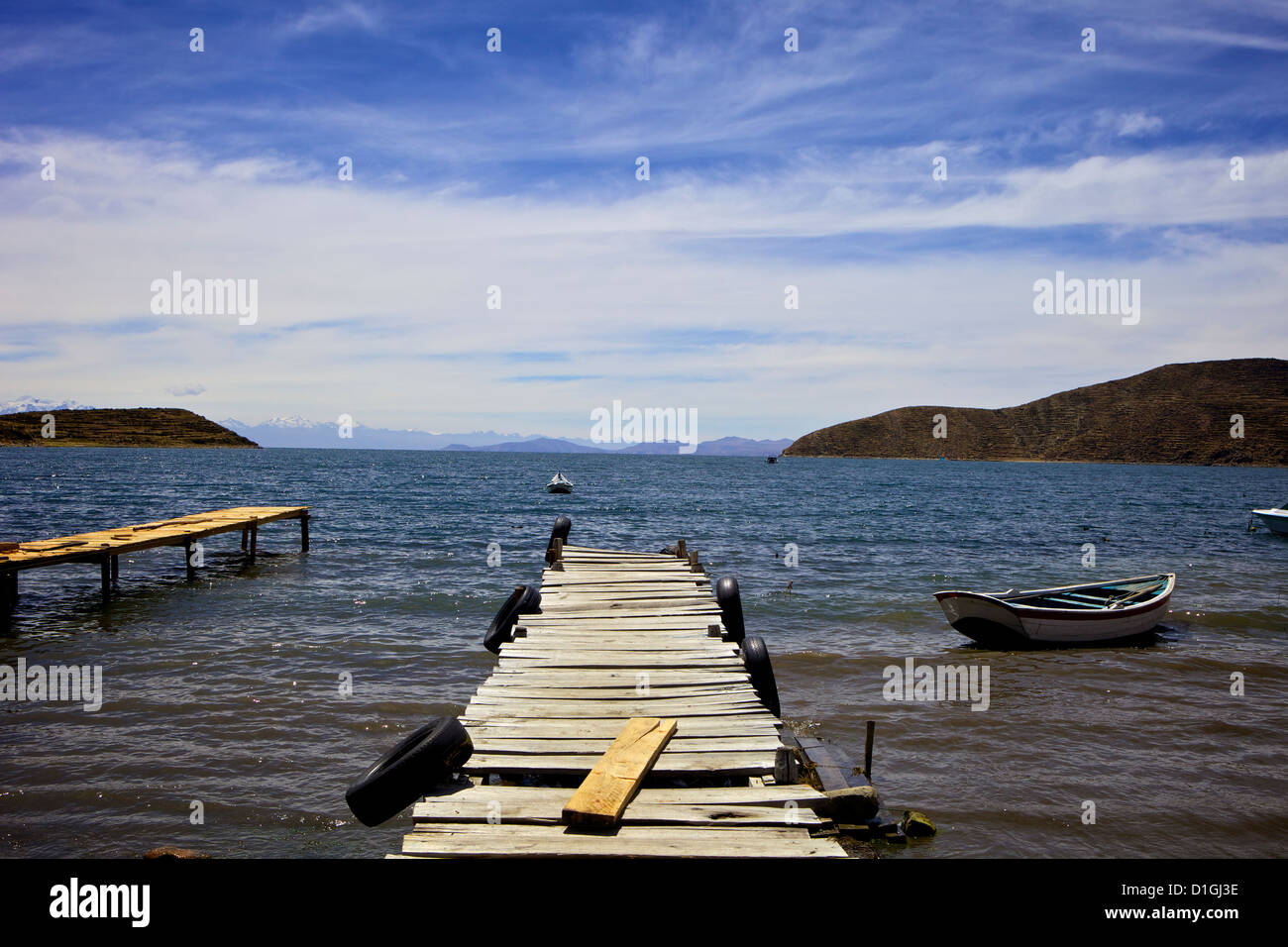 Anlegestelle in Challapampa, Isla del Sol, Titicacasee, Bolivien, Südamerika Stockfoto