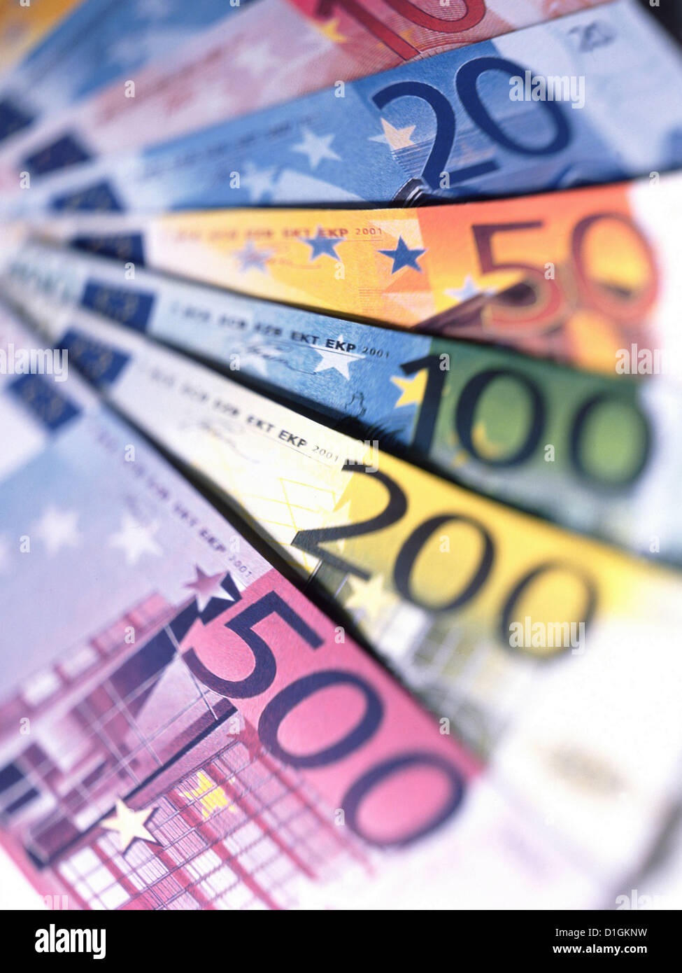 Euro Geld Banknoten verschiedener Konfessionen Stockfoto