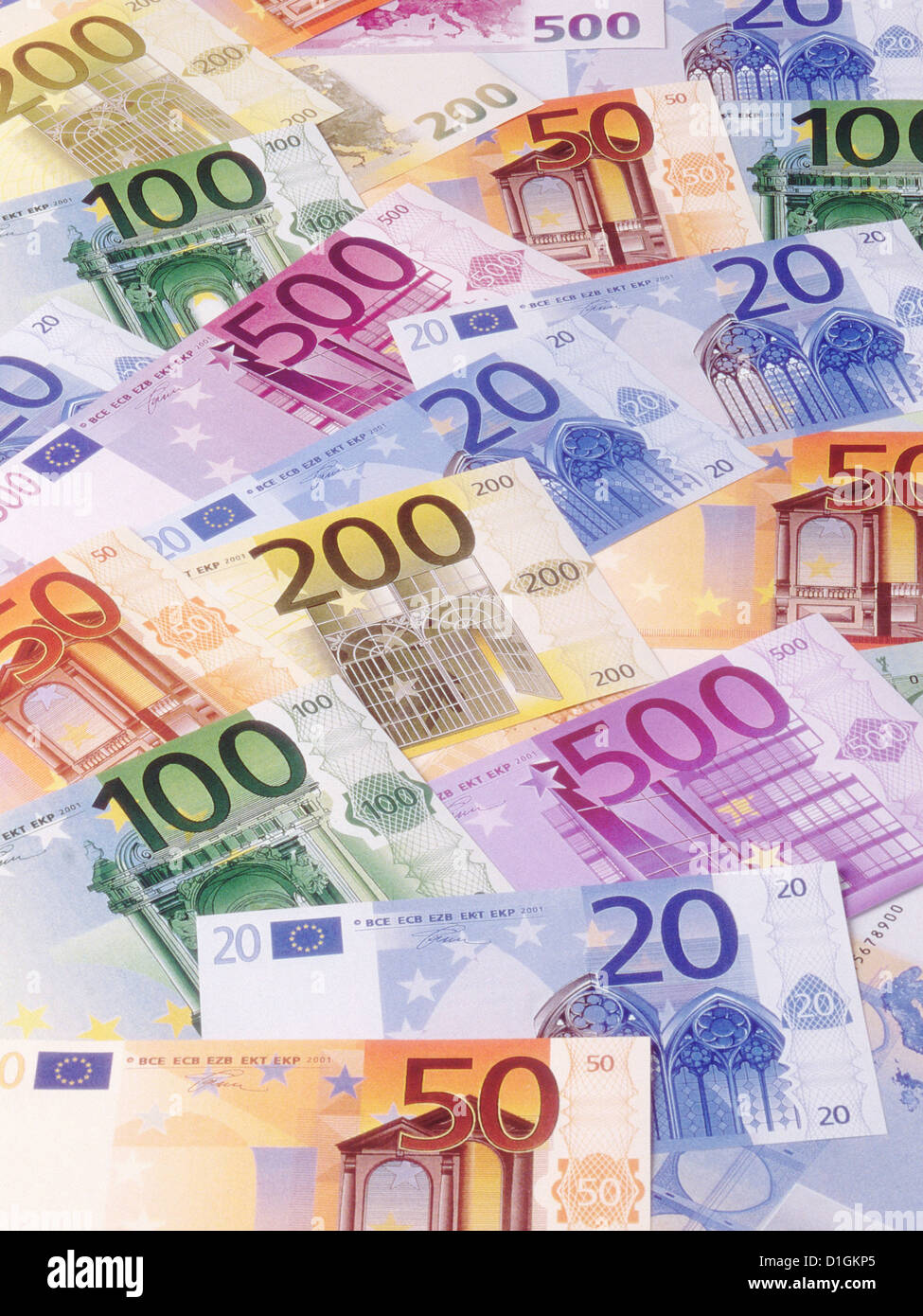 Euro Geld Banknoten verschiedener Konfessionen hautnah. Stockfoto