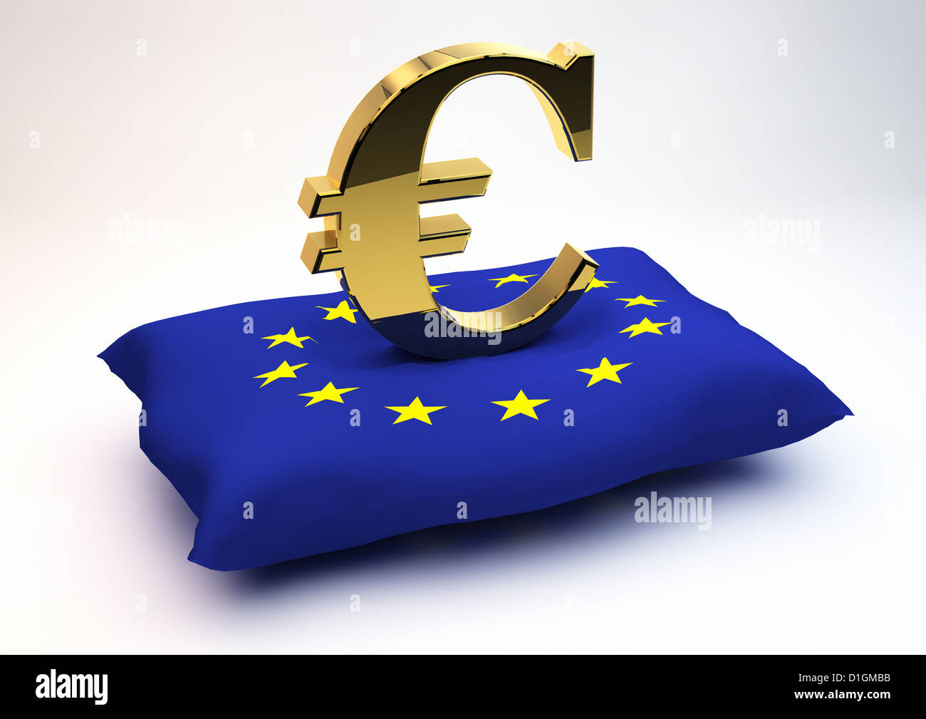 Solid Gold Euro Symbol sitzen auf einer Fahne der Europäischen Union gemusterten Kissen-concept Bild - 3D-Rendering Stockfoto