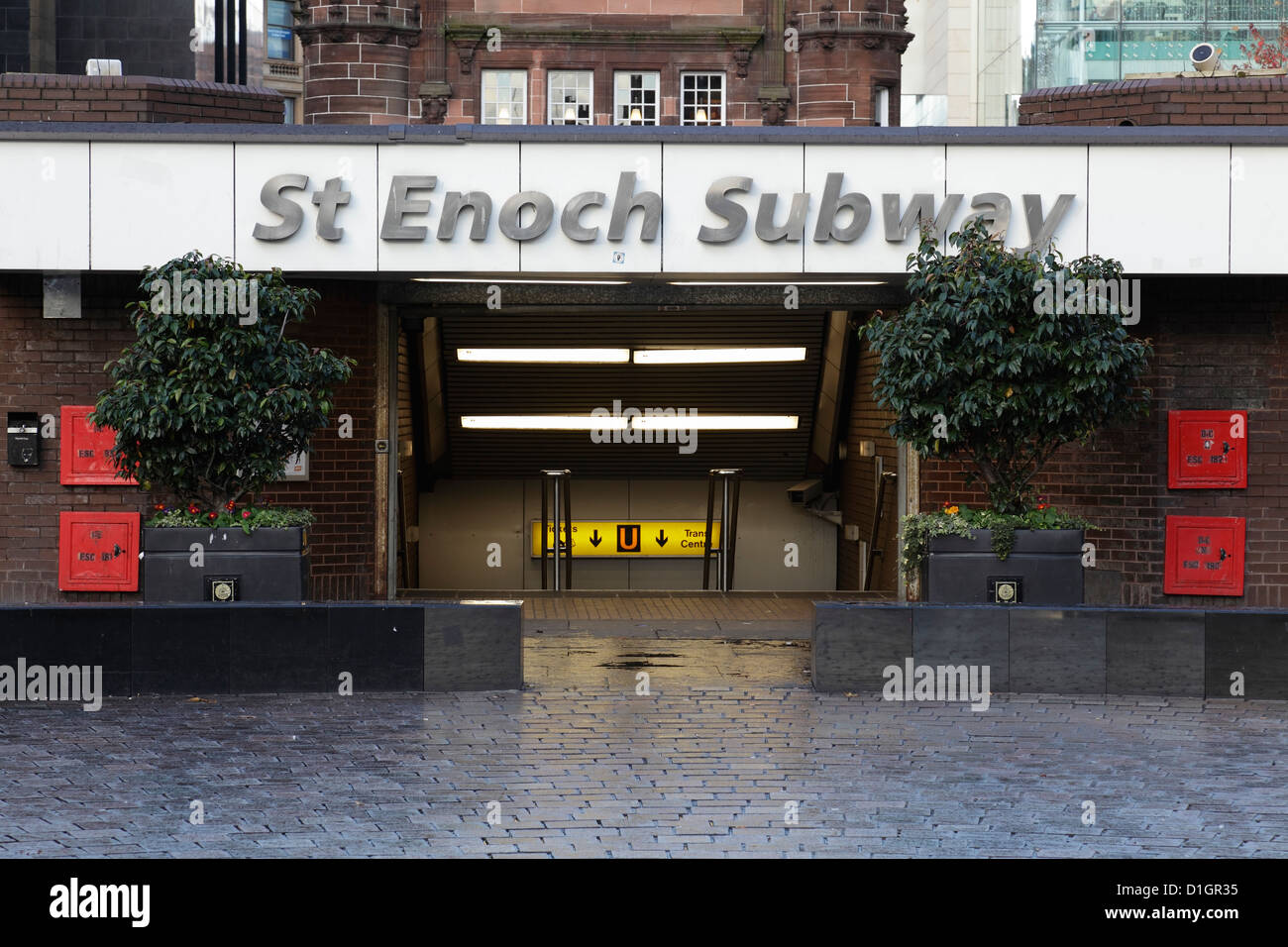 Die alte, jetzt ersetzt, Eingang zur St Enoch U-Bahn-Station im Stadtzentrum von Glasgow, Schottland, Großbritannien Stockfoto