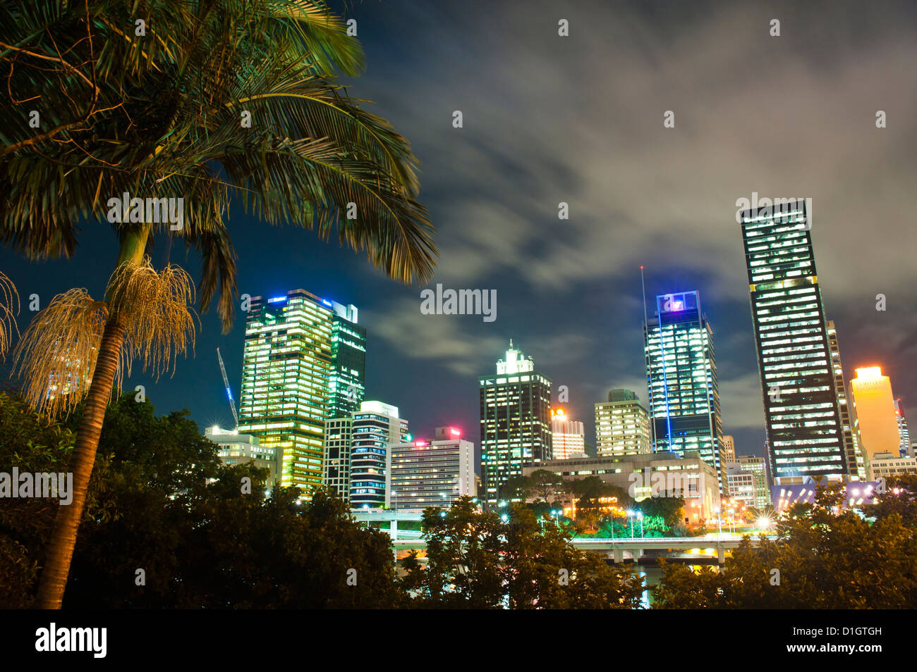 Palme und Brisbane Skyline bei Nacht, Brisbane, Queensland, Australien, Pazifik Stockfoto
