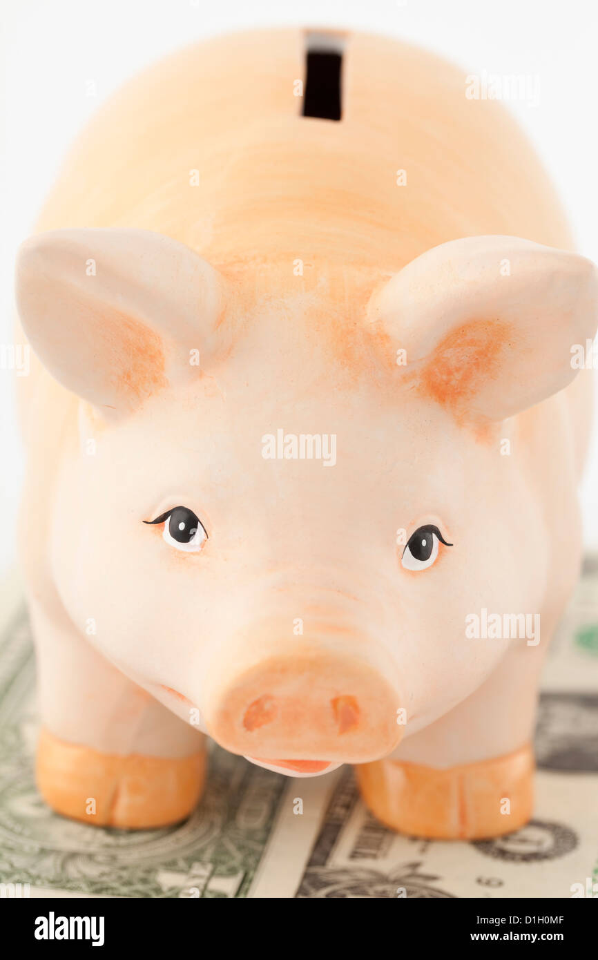 Rosa Schweinchen auf Geld auf weißem Hintergrund Stockfoto