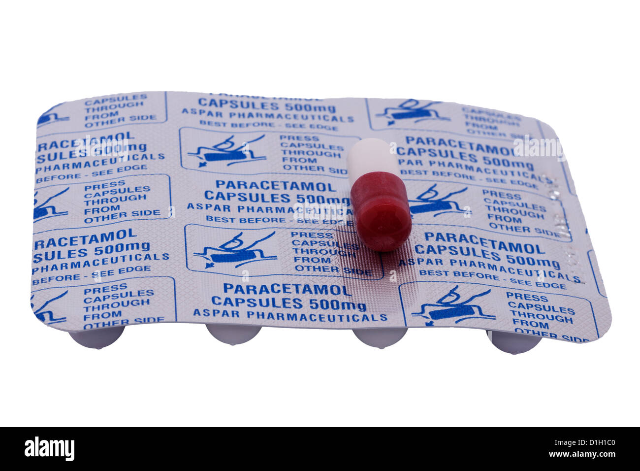 Eine Blisterpackung Paracetamol-Kapseln zur Schmerzlinderung auf weißem Hintergrund Stockfoto