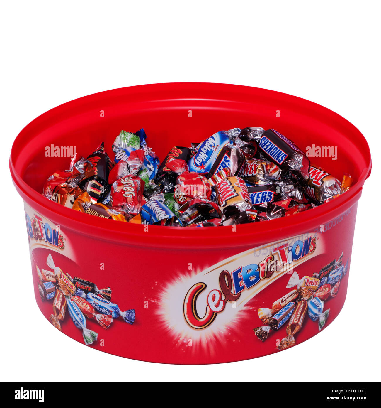 Eine Wanne mit Feierlichkeiten Süßigkeiten auf weißem Hintergrund Stockfoto