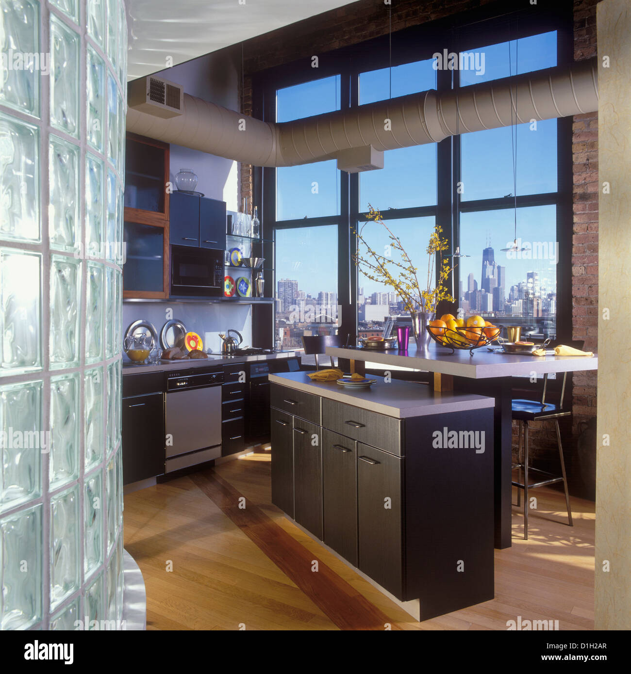 Küchen Loft Küche Chicago Skyline alten Fabrikgebäude Holzböden schwarz zeitgenössische Schränke offener Kanal Arbeit Forsythien, Stockfoto