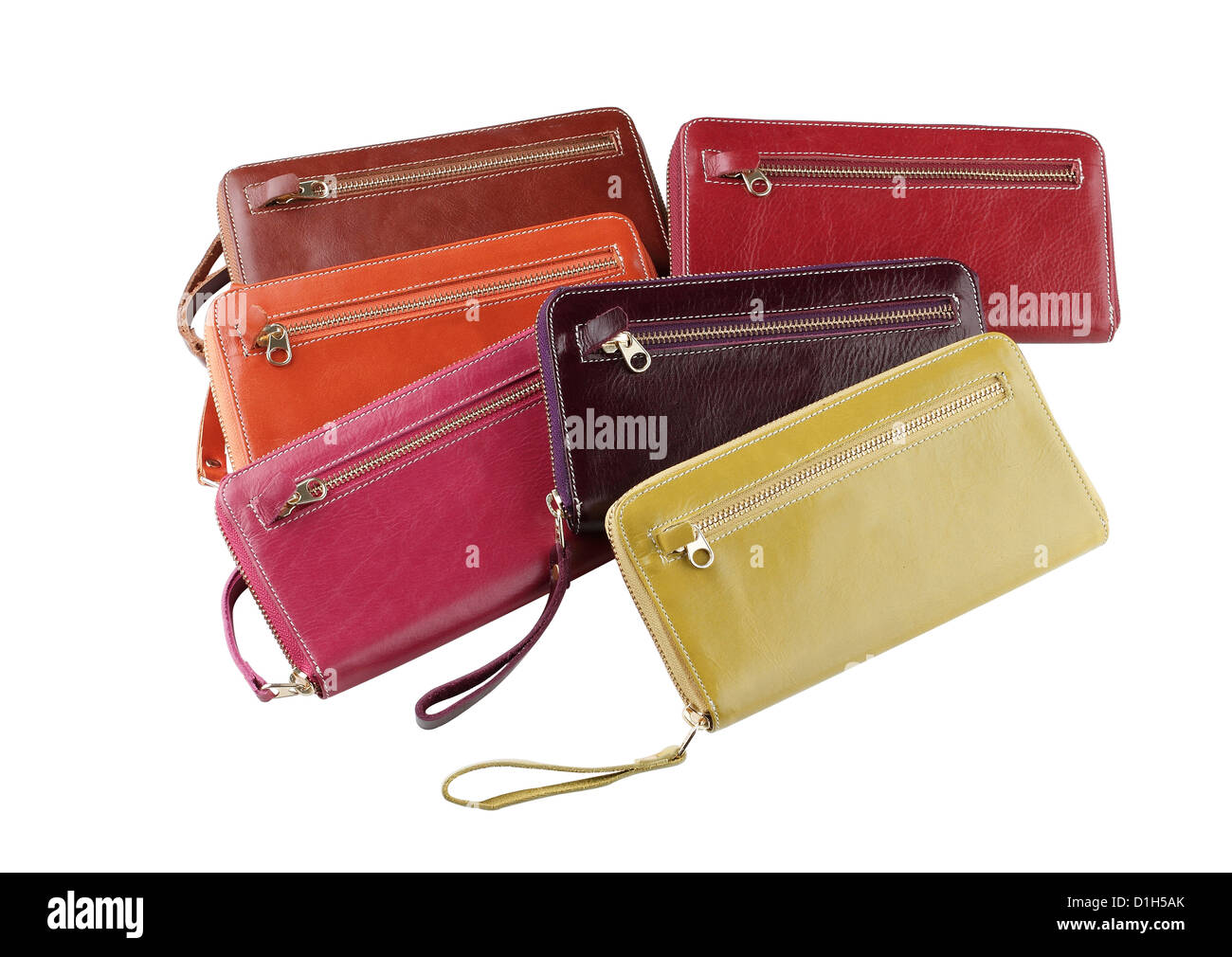 Frau Geldbörsen aus echtem Leder gefertigt ordnet isoliert Stockfoto