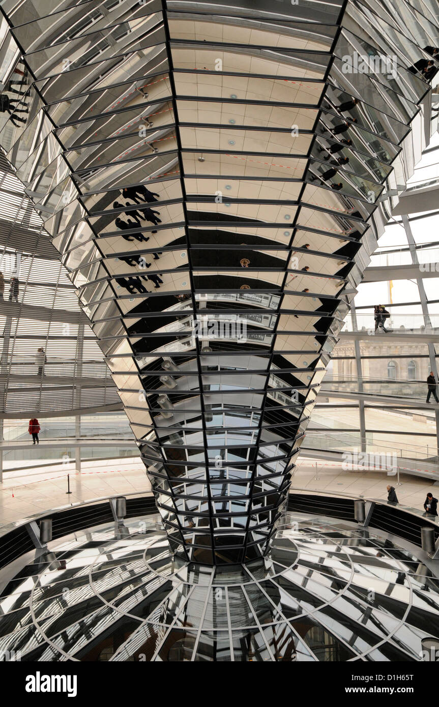 Der zentrale gespiegelten Kern der Reichstagskuppel in Berlin, von Norman Foster entworfen Stockfoto