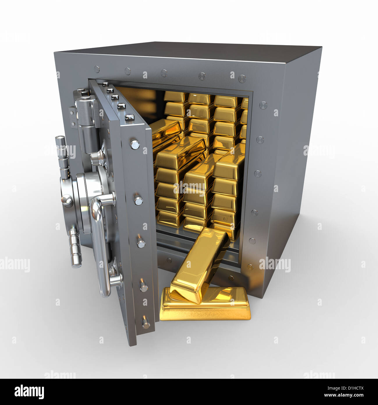 Stapel von goldenen Barren im Tresor. 3D Stockfoto