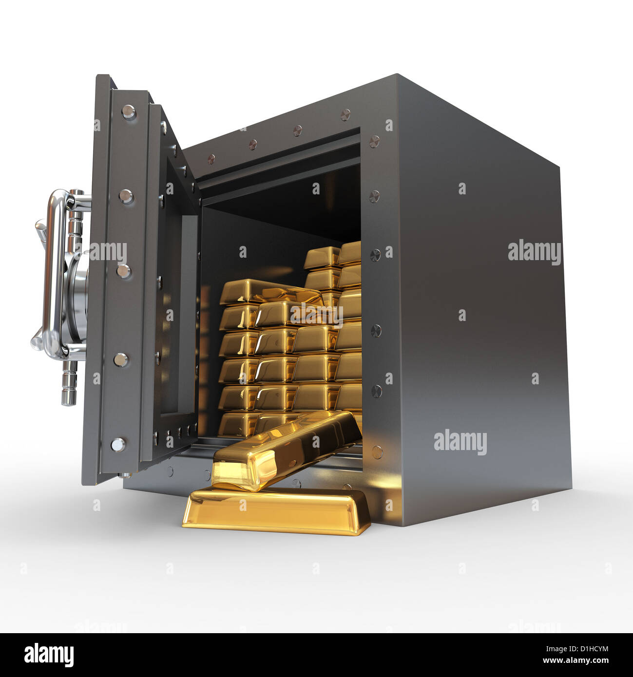 Stapel von goldenen Barren im Tresor. 3D Stockfoto