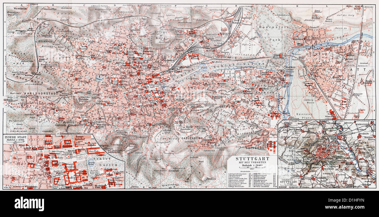 Vintage Karte von Stuttgart am Ende des 19. Jahrhunderts Stockfoto