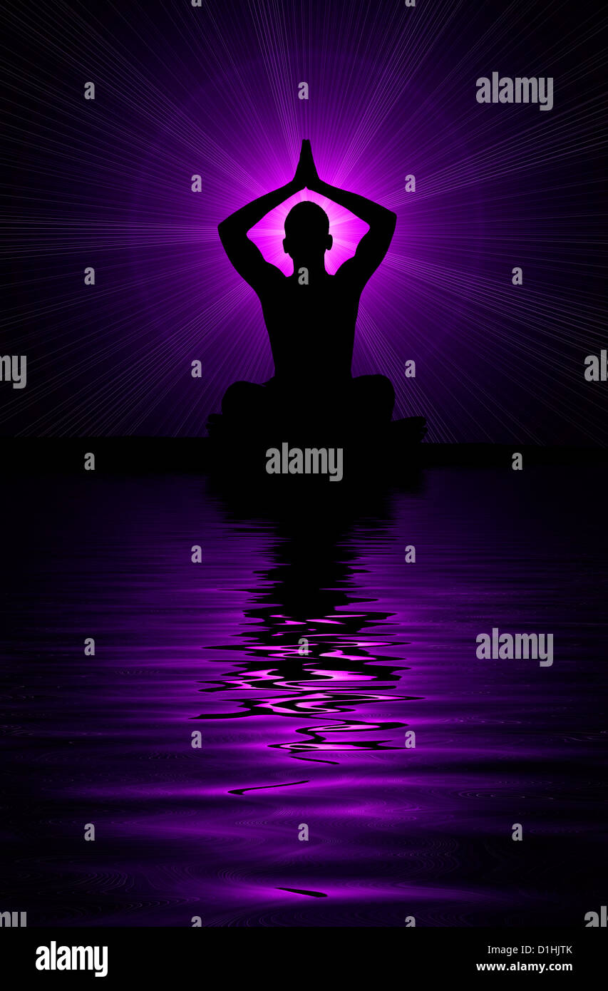 Mann, Gebete. Violetten Strahlen Silhouette. Foto-Montage-illustration Stockfoto