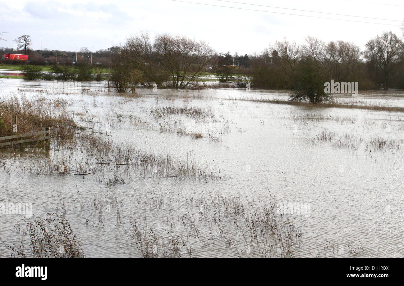 Bedfordshire, Großbritannien - ist zwar nicht annähernd so schlimm getroffen wie in anderen Teilen des Landes, niedrig liegenden Bedfordshire gefallen foul von Überschwemmungen, da der Fluss Great Ouse und den Fluß Ivel beide Schaden verursacht haben, wie sie ihre Banken nach tagelangem Regen platzen haben. Bei Roxton - in der Nähe von berühmten "Black Cat Kreisverkehr" an der A1 - sind Felder mehr verwandt mit einen See mit Booten, wie die Great Ouse seine Ladung über ein weites Gebiet verschüttet hat. -23. Dezember 2012 Foto von Keith Mayhew Stockfoto