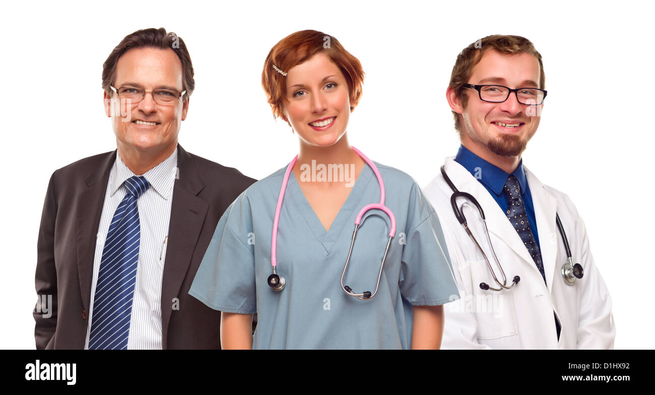 Kleine Ansammlung an Ärzte oder Krankenschwestern und Geschäftsmann, Isolated on White Background. Stockfoto