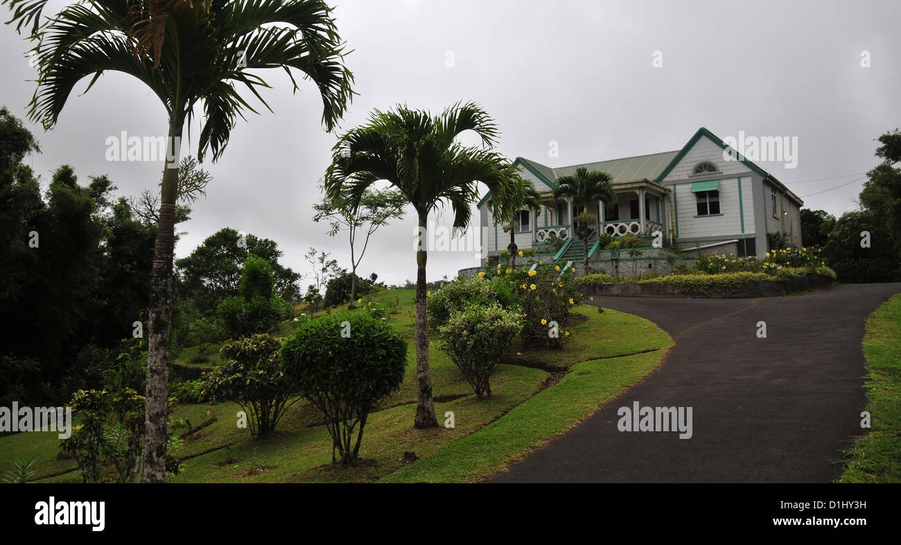 Blick in den Himmel weiß lackierten an der Spitze der Garten Auffahrt, Grand Etang Forest Reserve, Grenada, West Indies Besucherzentrum grau Stockfoto