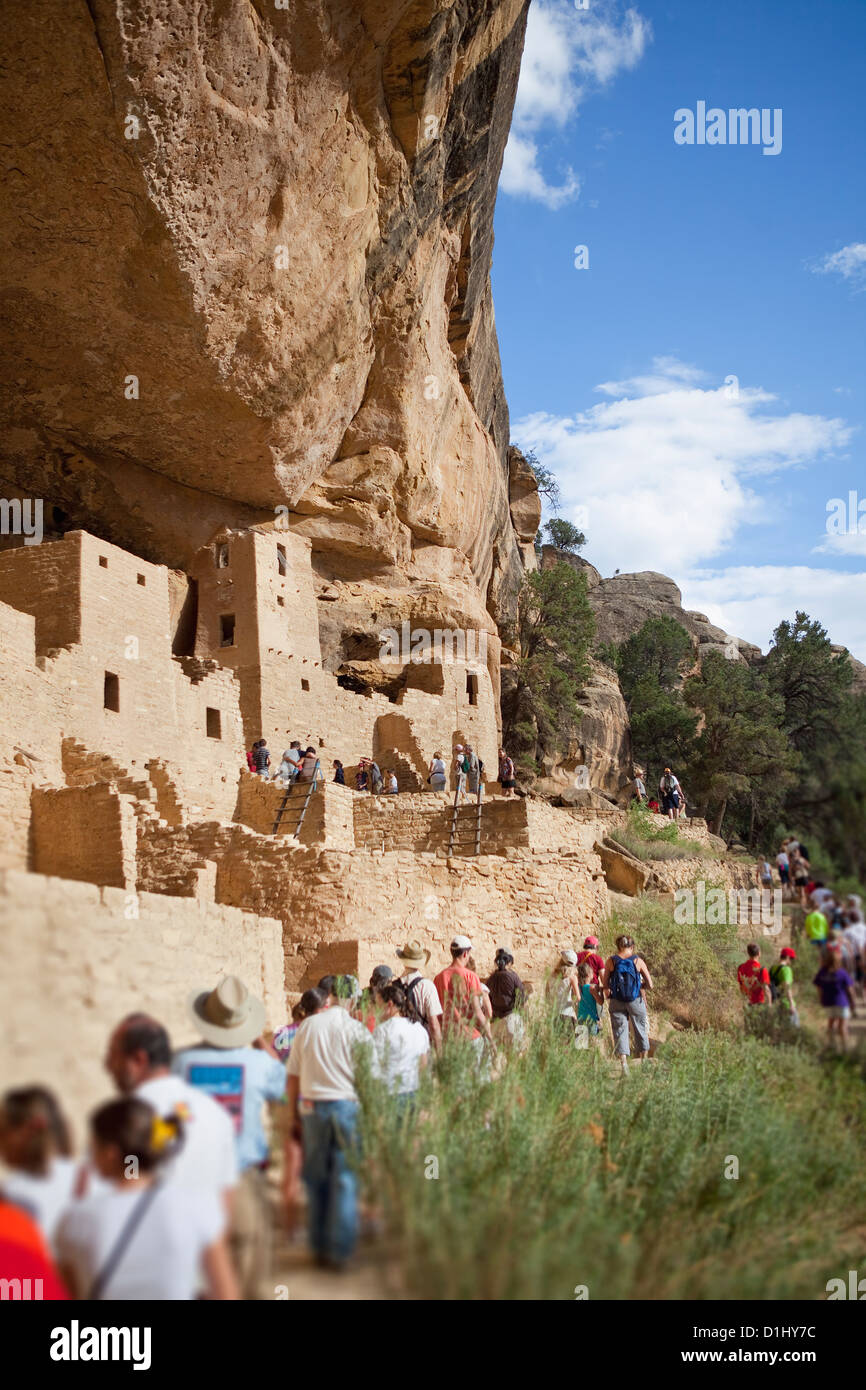 Touristen besuchen Klippenwohnungen Cliff Palace im Mesa-Verde-Nationalpark, Colorado Stockfoto