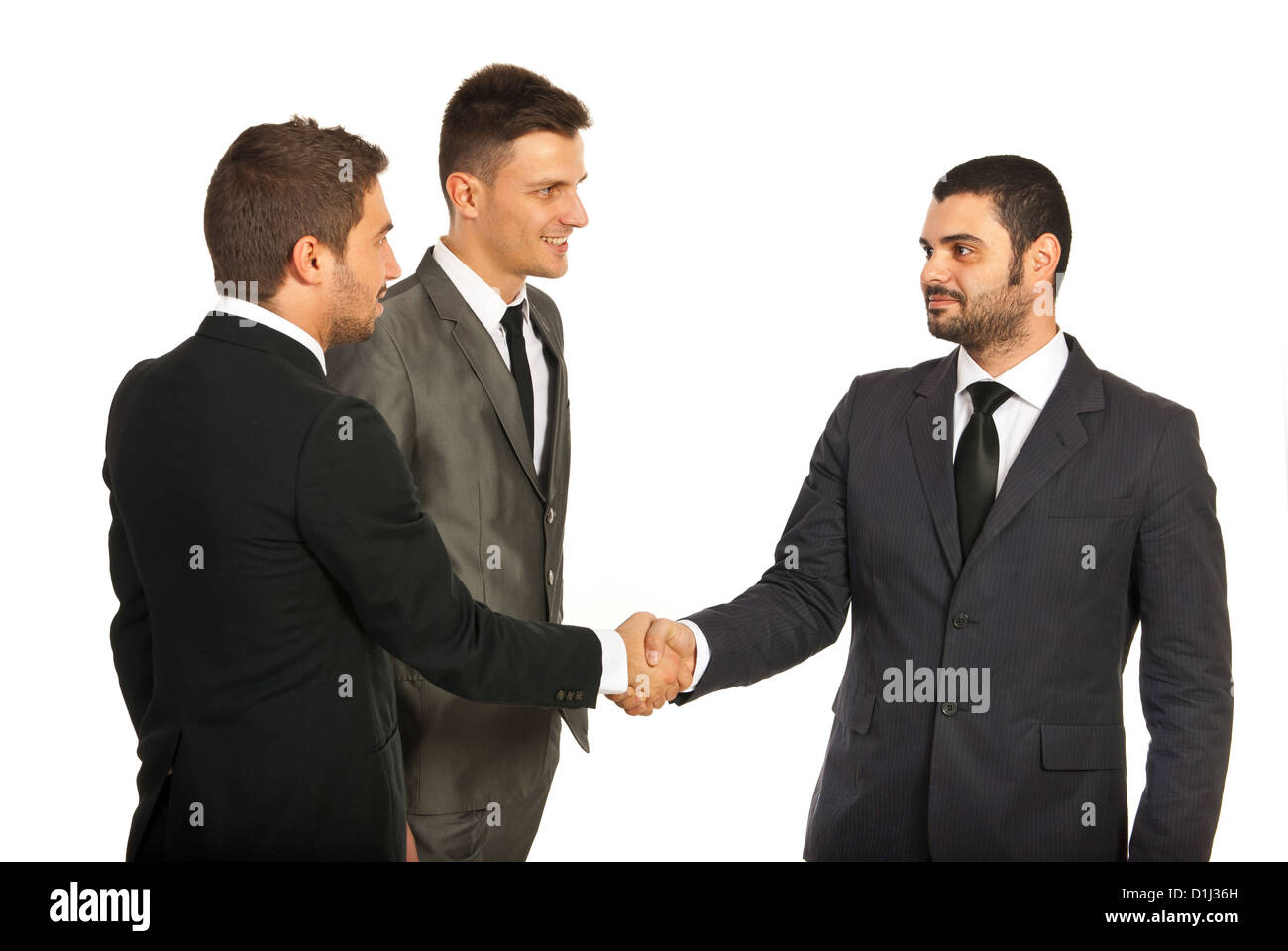 Business-Männer geben Händedruck Tagung isoliert auf weißem Hintergrund Stockfoto