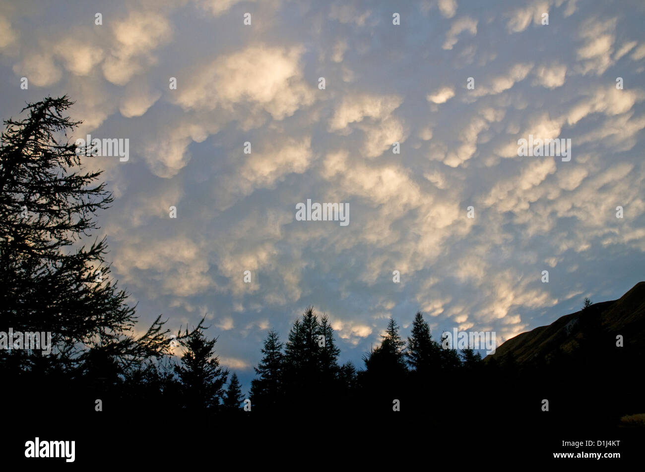 Anzeige bei Sonnenuntergang als Mammatus Wolke fällt durch die tiefstehende Sonne, Blick nach Süden vom Glentanner Station, New Zealand beleuchtet Stockfoto