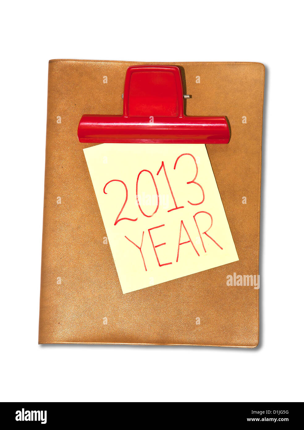 Meldung "2013 Jahr" in einer Notiz auf dem Clip-Board. Stockfoto