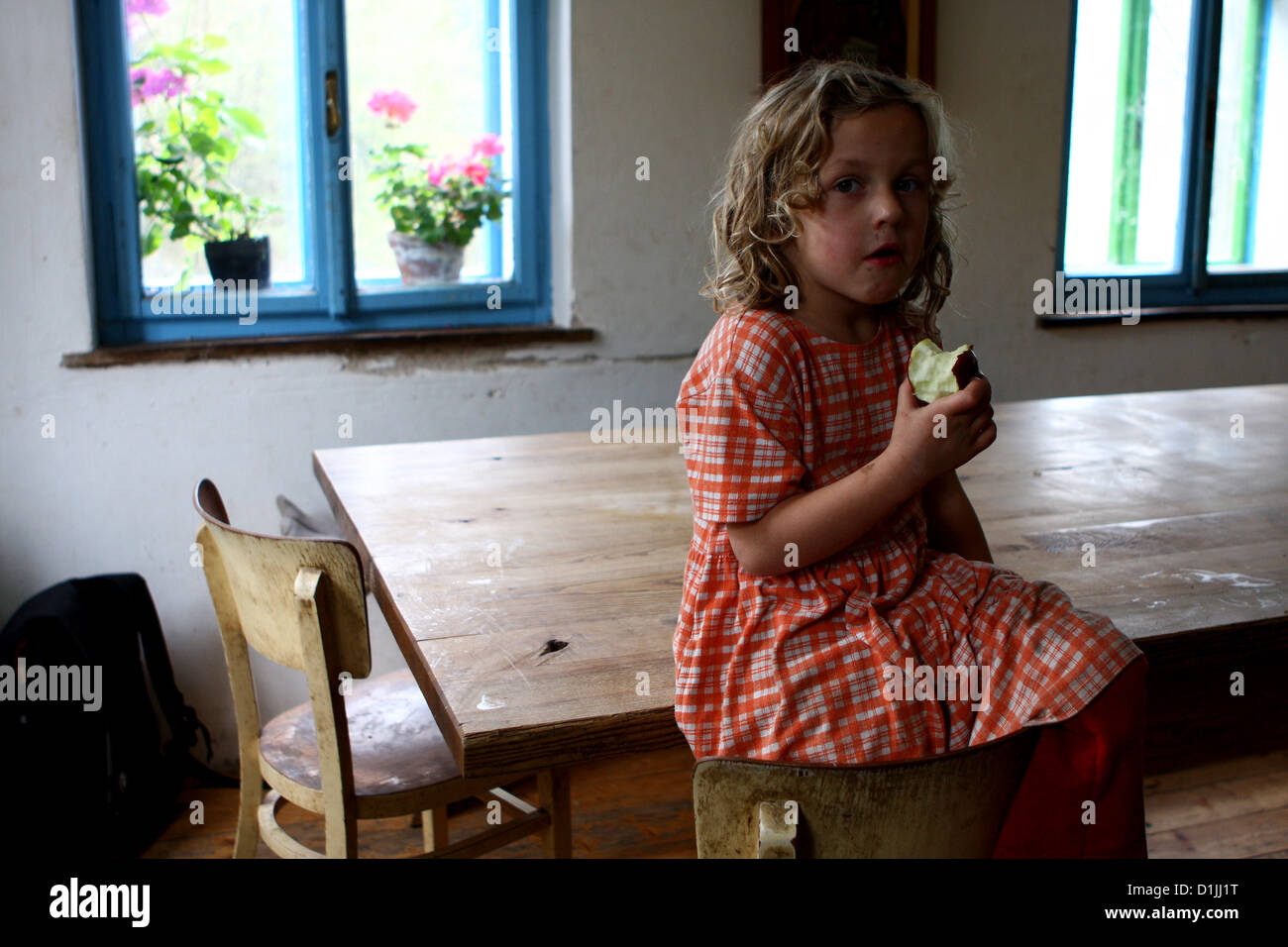 Porträt des blonden kleinen Mädchens in einer ländlichen Küche, sitzend auf einem Tisch, Tschechische Republik Stockfoto