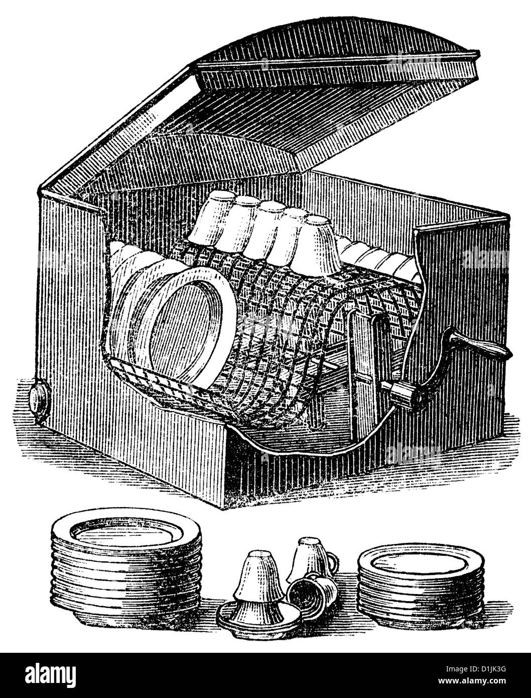 19. Jahrhundert, eine mechanische Geschirrspüler, angetrieben durch eine Handkurbel, um 1880, Stockfoto