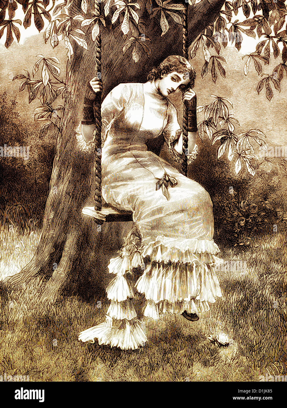 19. Jahrhundert, eine junge Frau sitzt verträumt auf einer Schaukel, um 1880, Stockfoto