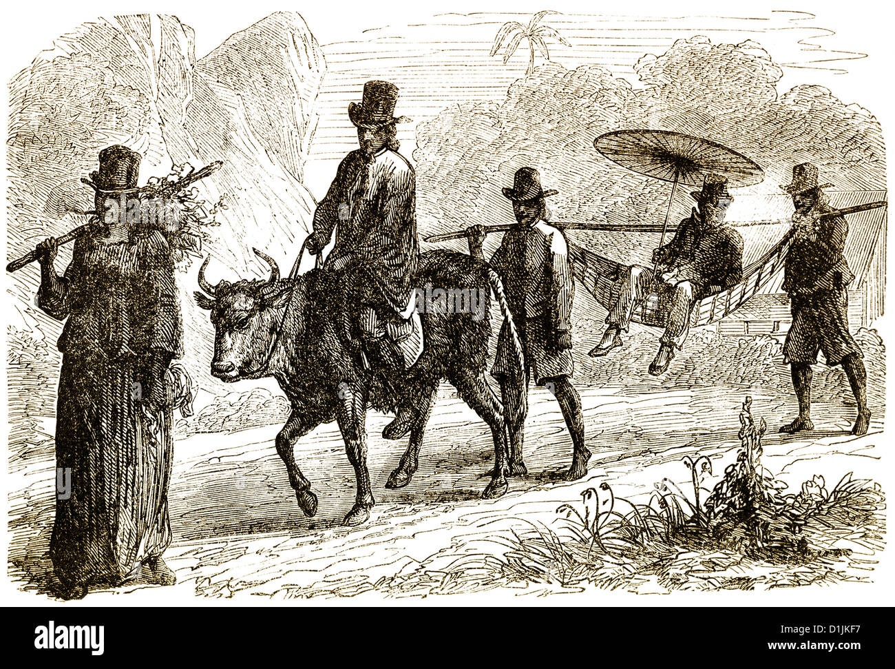 eine Sänfte mit Träger Limousine für besondere Menschen auf Marianne Island, Seychellen, 18. Jahrhundert Stockfoto