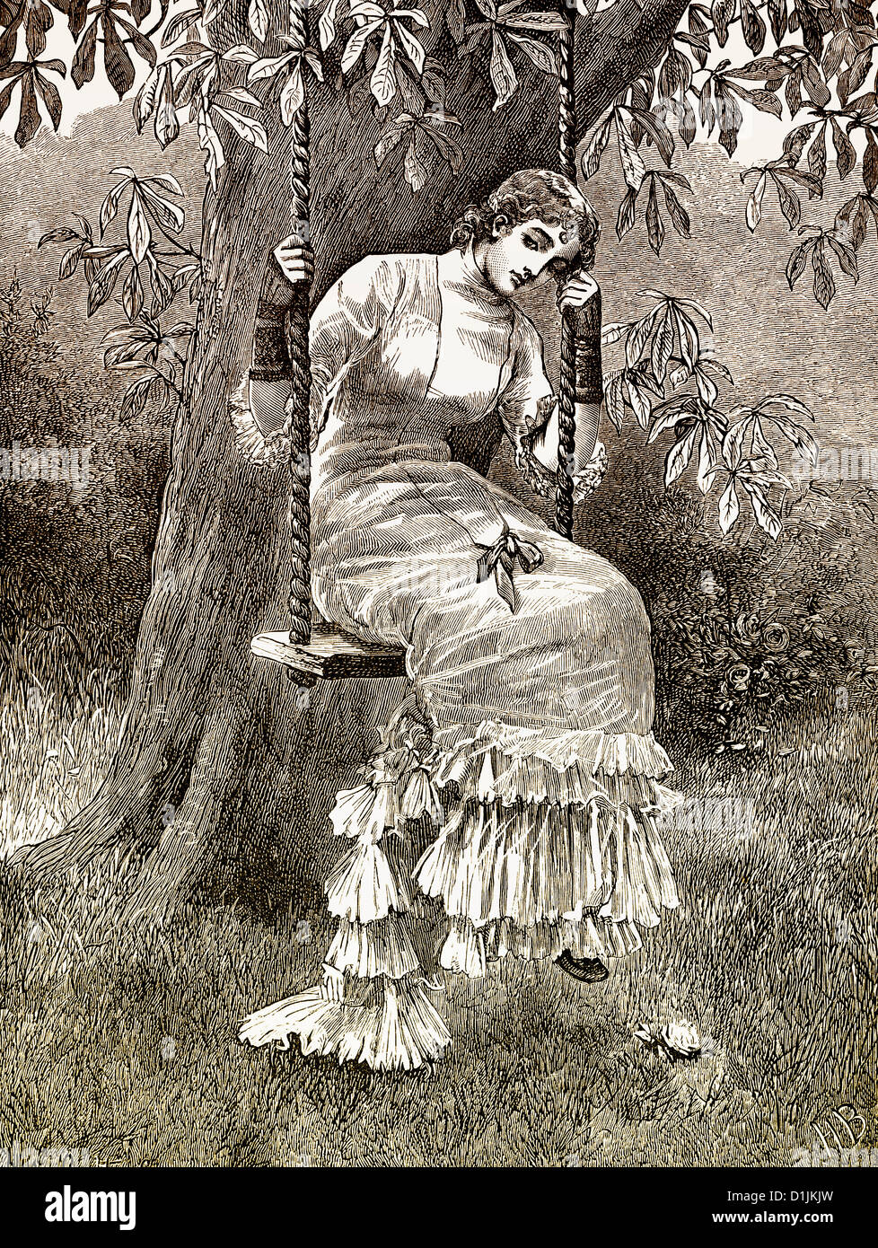 19. Jahrhundert, eine junge Frau sitzt verträumt auf einer Schaukel, um 1880 Stockfoto