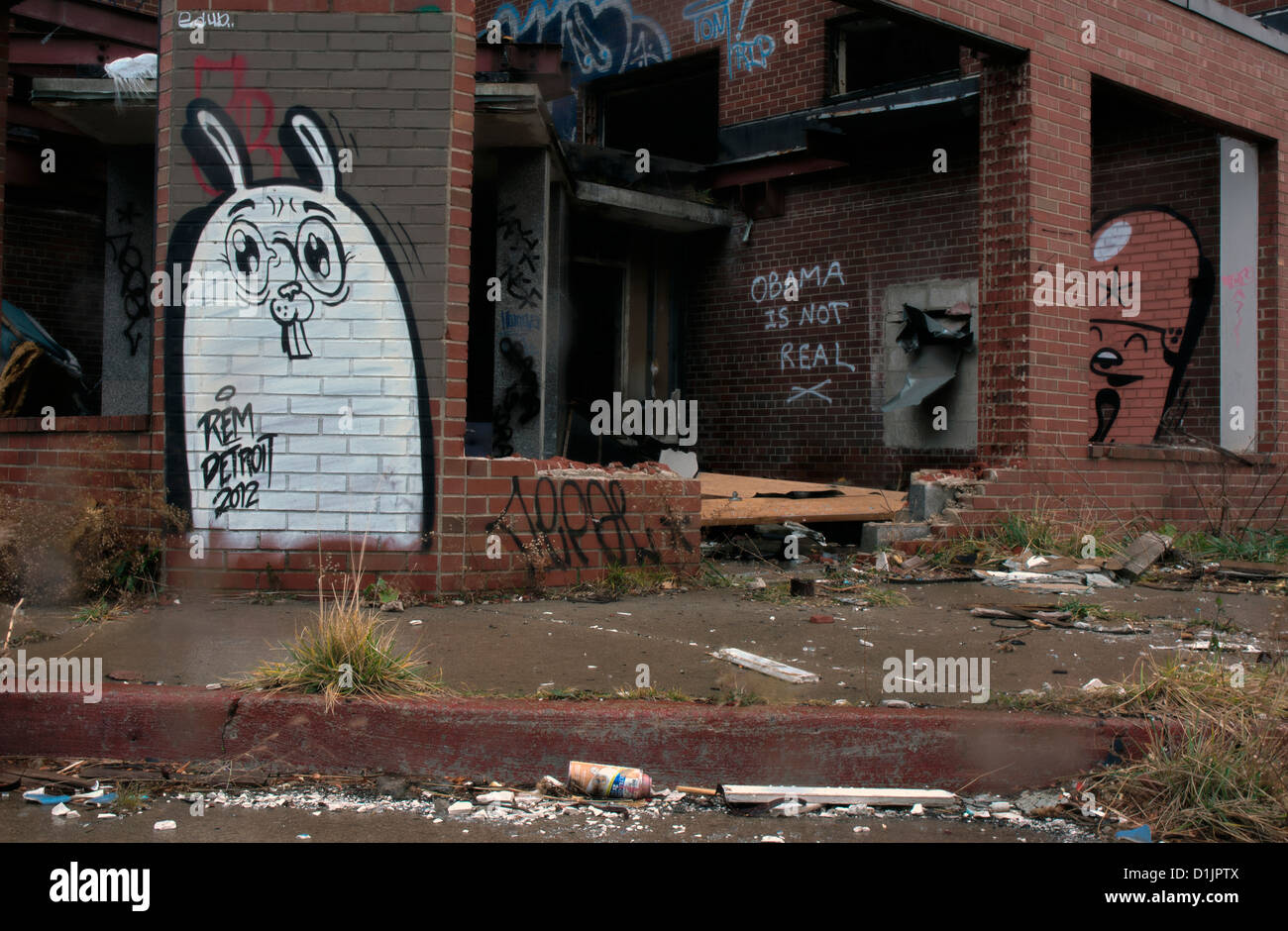 Auf einem verlassenen Wohnprojekt in Detroit verkündet Graffiti "Obama ist nicht real". Stockfoto